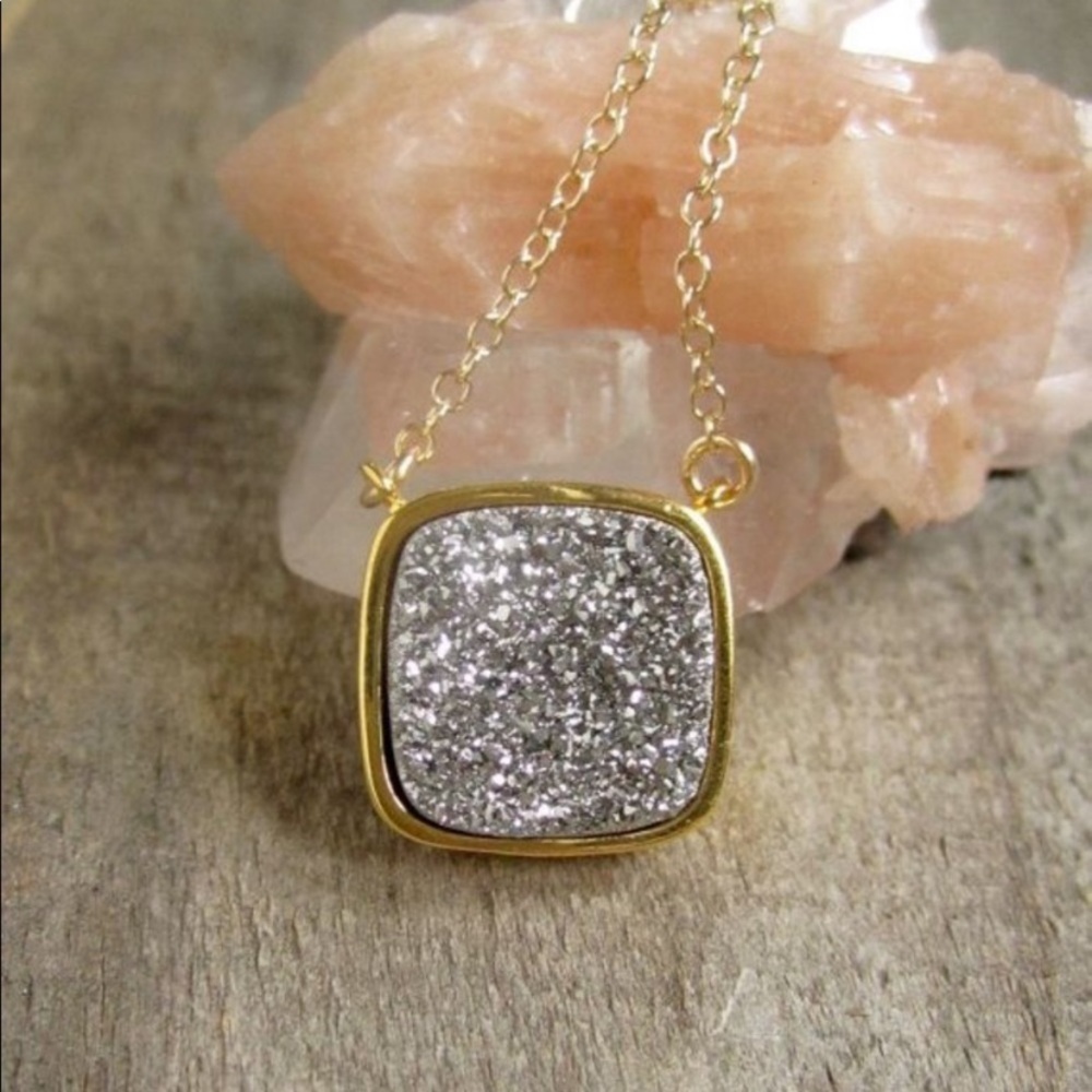 Druzy black silver shimmer pendant necklace